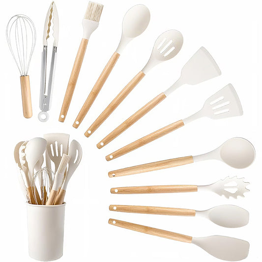 ALEXUNICON Kitchen Silicone Cooking Set, Non Stick Cookware with Wooden Handles (12 Pcs)