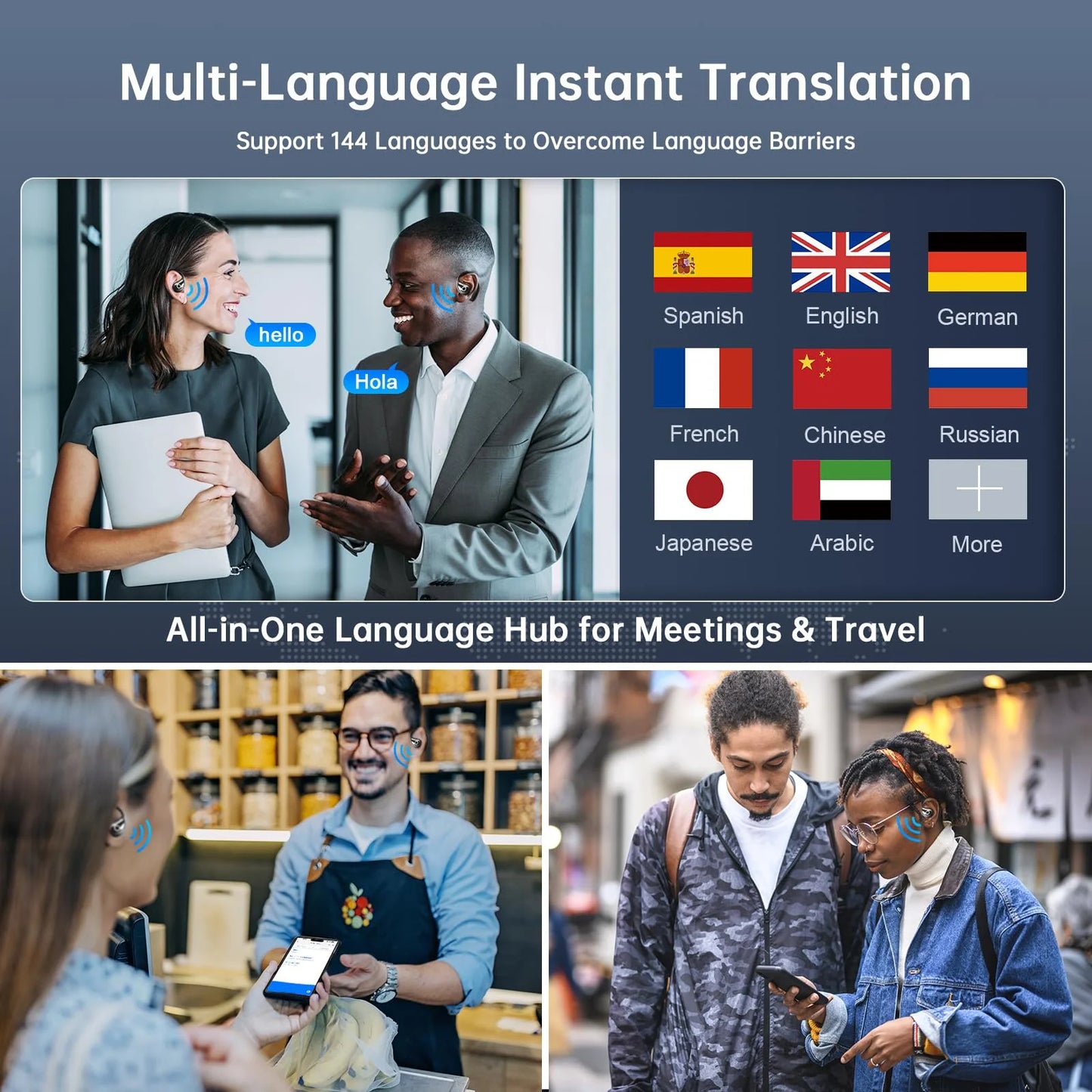 ALEXUNICON Open-Ear AI Translator Headphone - Real-Time 144-Language Translation, Wireless Bluetooth Translation Earbuds for Travel/Business