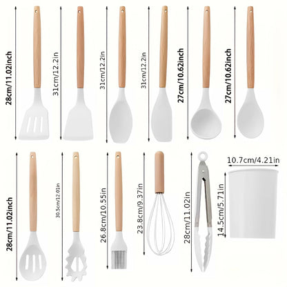 ALEXUNICON Kitchen Silicone Cooking Set, Non Stick Cookware with Wooden Handles (12 Pcs)