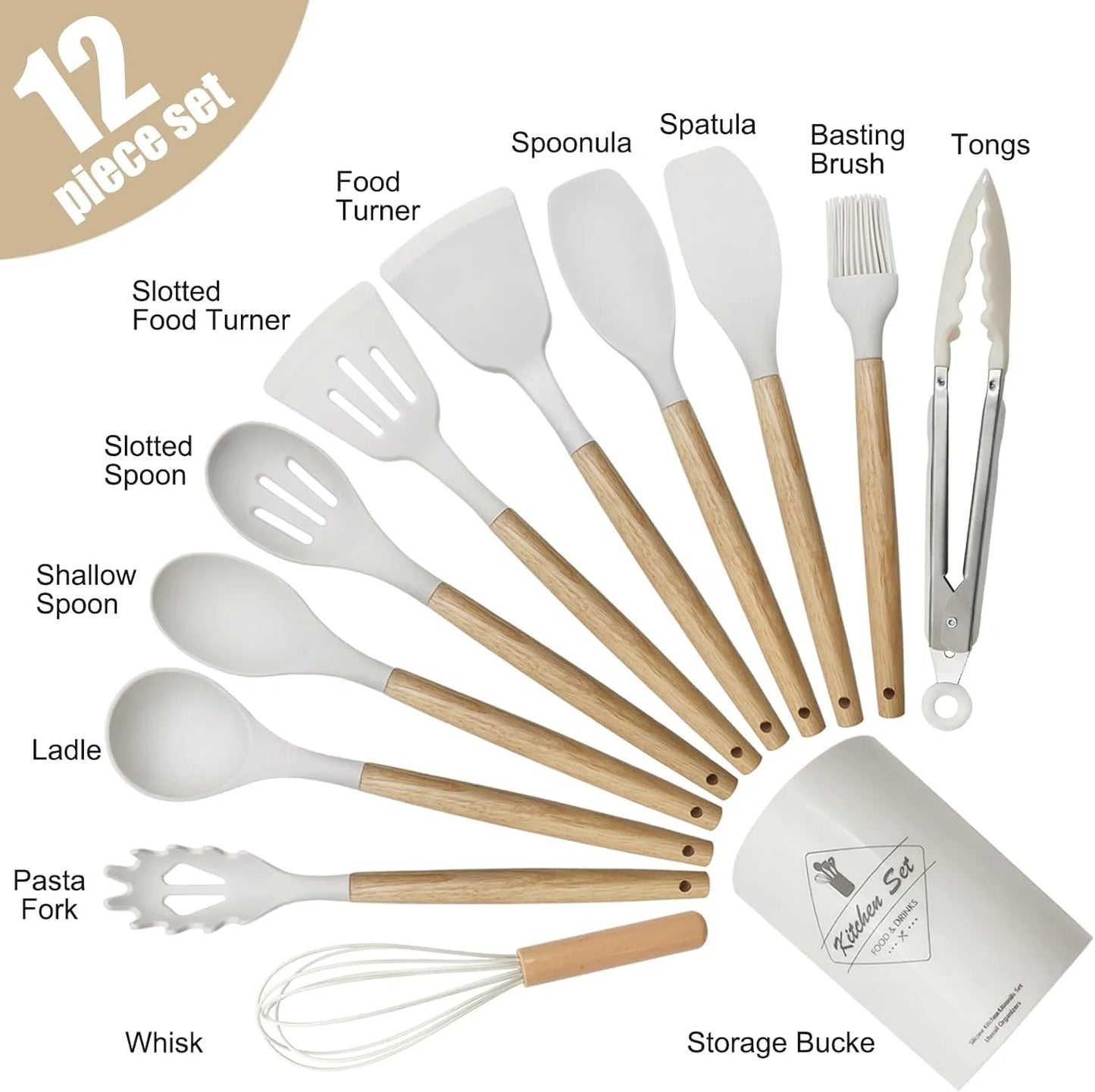 ALEXUNICON Kitchen Silicone Cooking Set, Non Stick Cookware with Wooden Handles (12 Pcs)