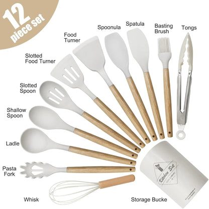 ALEXUNICON Kitchen Silicone Cooking Set, Non Stick Cookware with Wooden Handles (12 Pcs)
