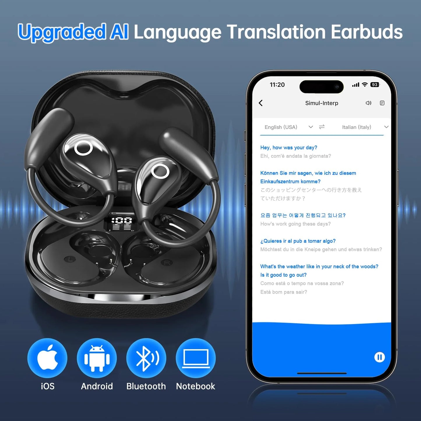 ALEXUNICON Open-Ear AI Translator Headphone - Real-Time 144-Language Translation, Wireless Bluetooth Translation Earbuds for Travel/Business