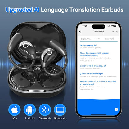 ALEXUNICON Open-Ear AI Translator Headphone - Real-Time 144-Language Translation, Wireless Bluetooth Translation Earbuds for Travel/Business