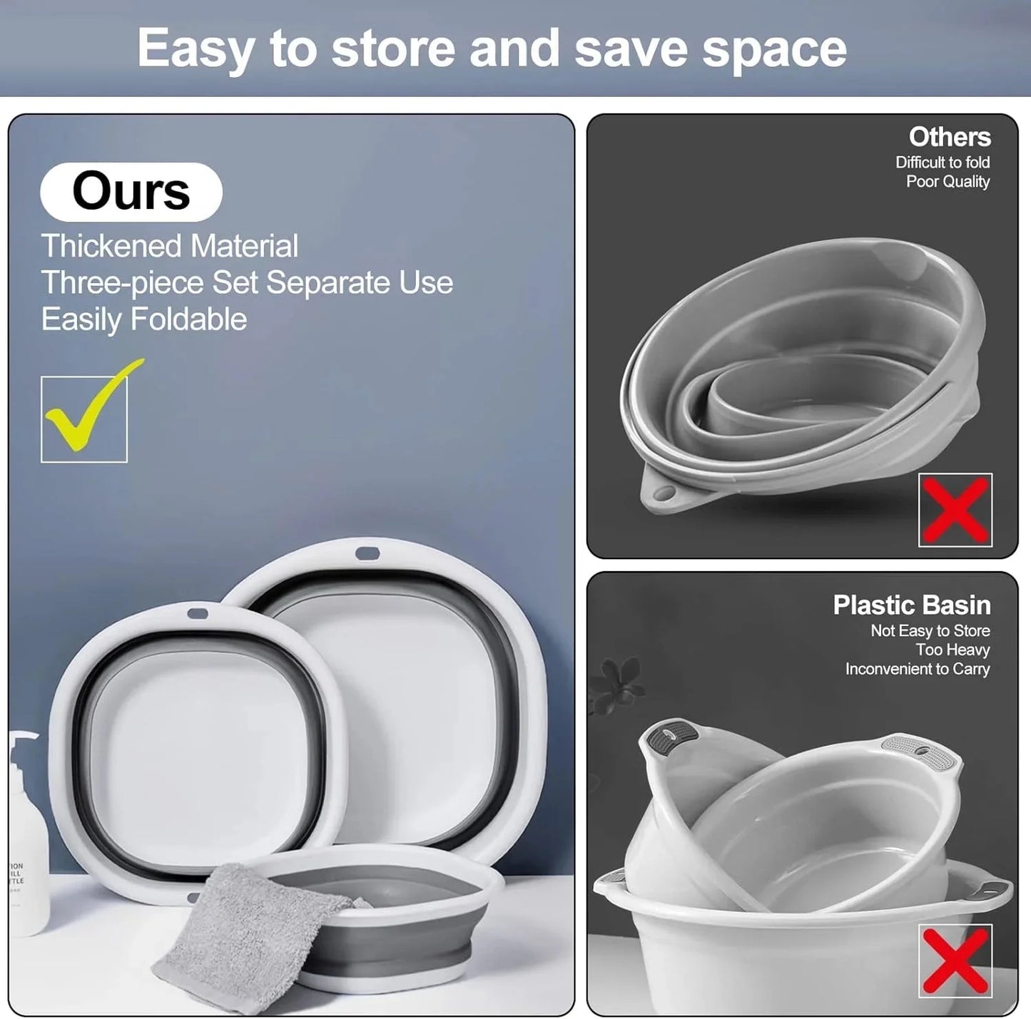 ALEXUNICON Collapsible Dish Tub 3 Pack, Foldable Wash Basin, Space-Saving Collapsible Sink Camping for Dishing, Fruit, Beverage Tubs, Hiking & Home