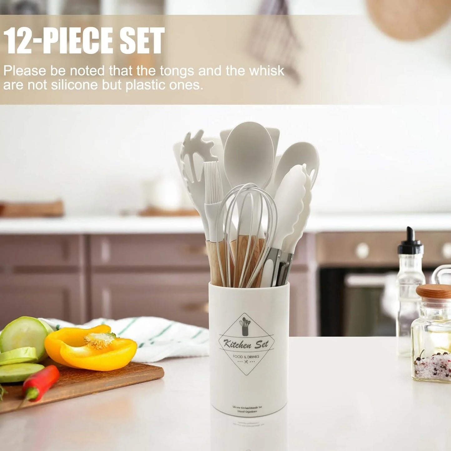 ALEXUNICON Kitchen Silicone Cooking Set, Non Stick Cookware with Wooden Handles (12 Pcs)