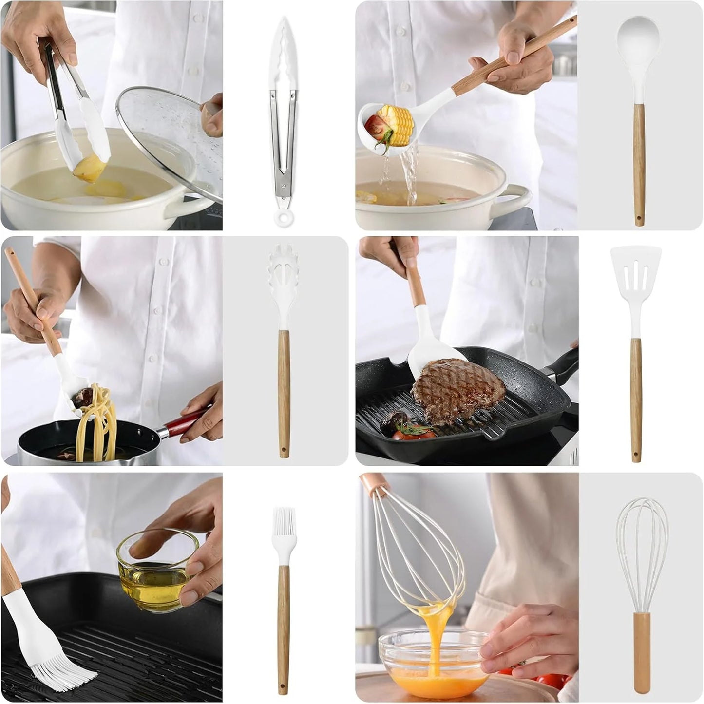 ALEXUNICON Kitchen Silicone Cooking Set, Non Stick Cookware with Wooden Handles (12 Pcs)