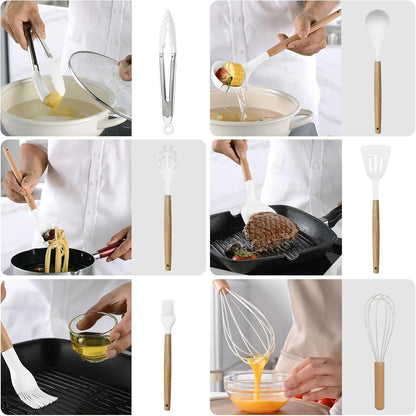 ALEXUNICON Kitchen Silicone Cooking Set, Non Stick Cookware with Wooden Handles (12 Pcs)